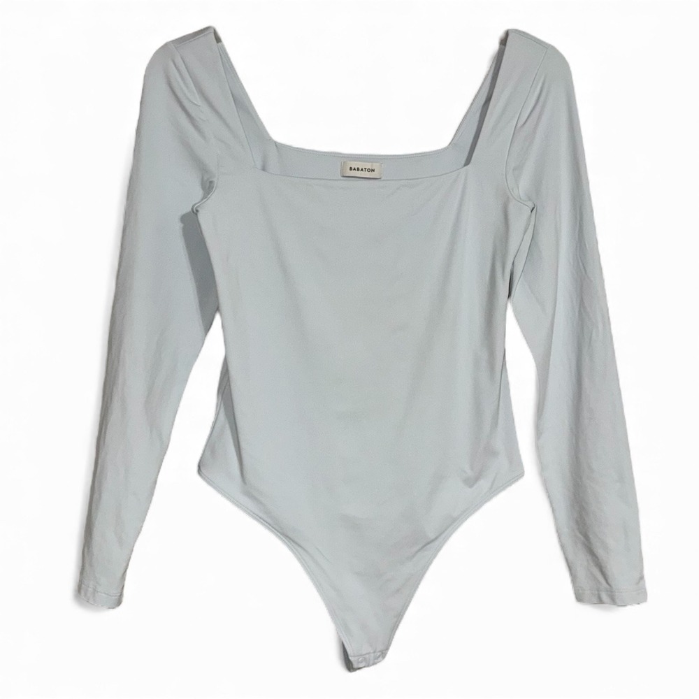 BABATON Long‎ Sleeve Square Neck Thong Bodysuit Light Blue Size L